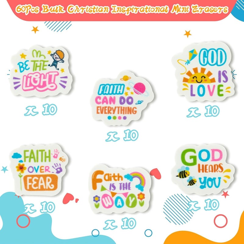 BZaber Christian Inspirational Mini Eraser Valentine's Day Gift 60Pcs Inspirational Faith Over Fear Pencils Erasers Colorful Sun Bee Flowers 3D Desk Puzzle Erasers Pet for Student Birthday Supplies - Image 2